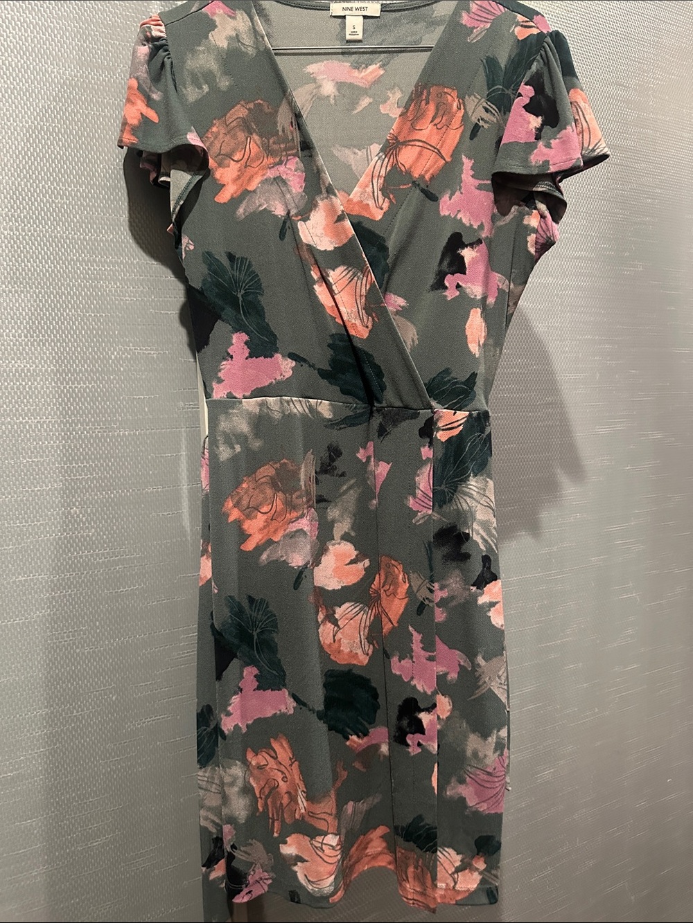 Nine West Gray Floral Wrap Dress with Pink & Coral Blooms
